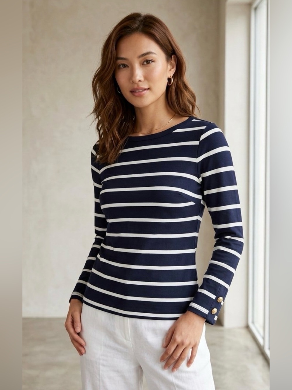 ✨ Haver & Blair Striped Boatneck Top M • Navy White Gold Button Detail ✨